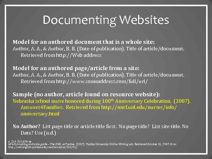 Documenting Websites Model for an authored document that is a whole site: Author, A.