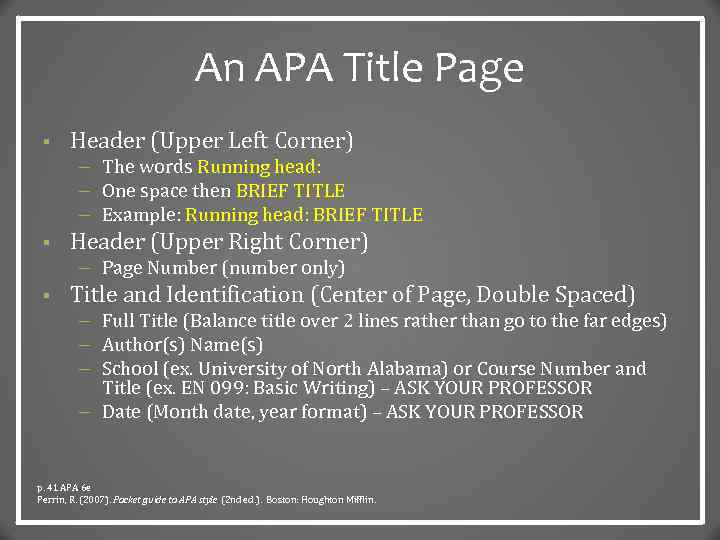 An APA Title Page § Header (Upper Left Corner) – The words Running head: