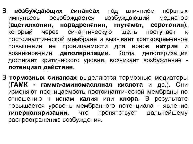 В возбуждающих синапсах под влиянием нервных импульсов освобождается возбуждающий медиатор (ацетилхолин, норадреналин, глутамат, серотонин),