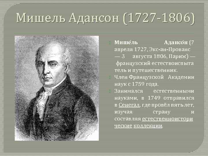 Мишель Адансон (1727 -1806) Мише ль Адансо н (7 апреля 1727, Экс-ан-Прованс — 3