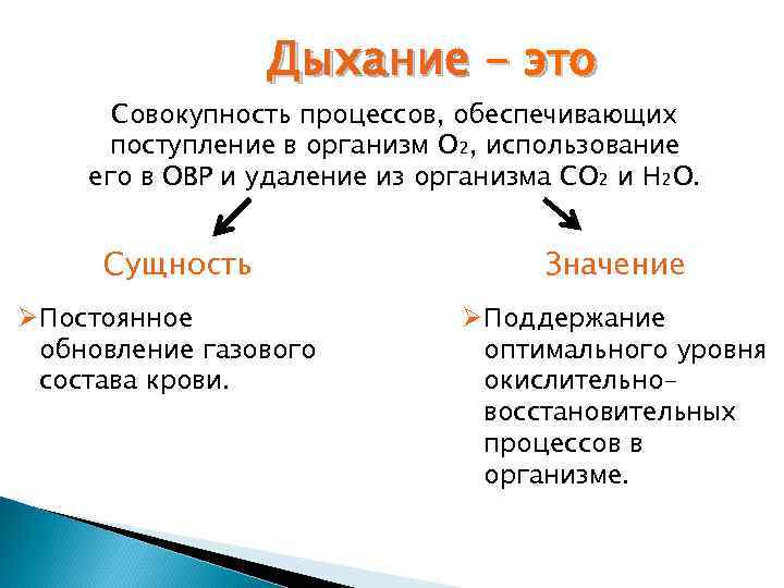 Дыхание - это Совокупность процессов, обеспечивающих поступление в организм O₂, использование его в ОВР