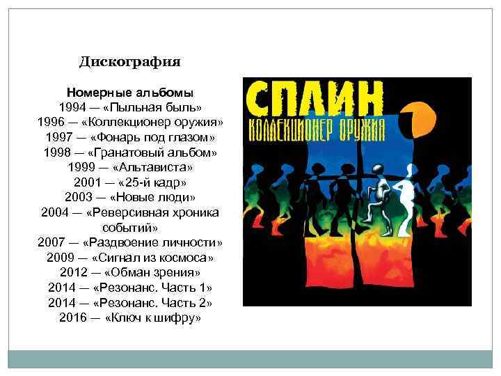 Дискография Номерные альбомы 1994 — «Пыльная быль» 1996 — «Коллекционер оружия» 1997 — «Фонарь