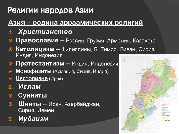 Религии народов Азии Азия – родина авраамических религий 1. Христианство Православие – Россия, Грузия,
