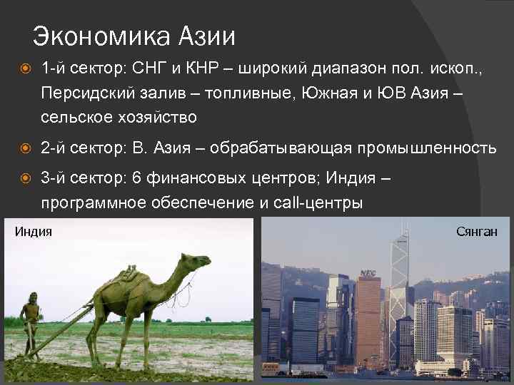 Экономика Азии 1 -й сектор: СНГ и КНР – широкий диапазон пол. ископ. ,