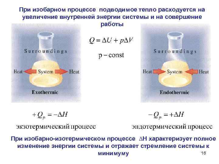 При изобарном процессе подводимое тепло расходуется на увеличение внутренней энергии системы и на совершение