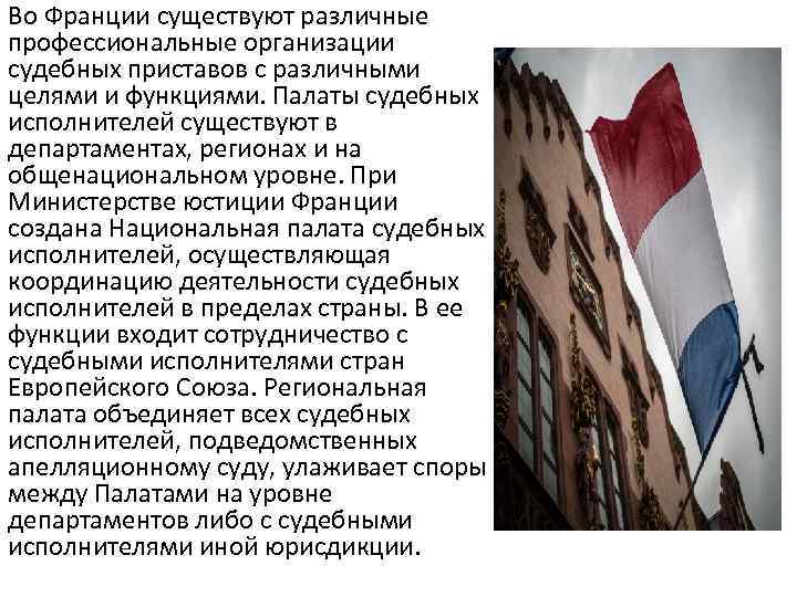 Во Франции существуют различные профессиональные организации судебных приставов с различными целями и функциями. Палаты