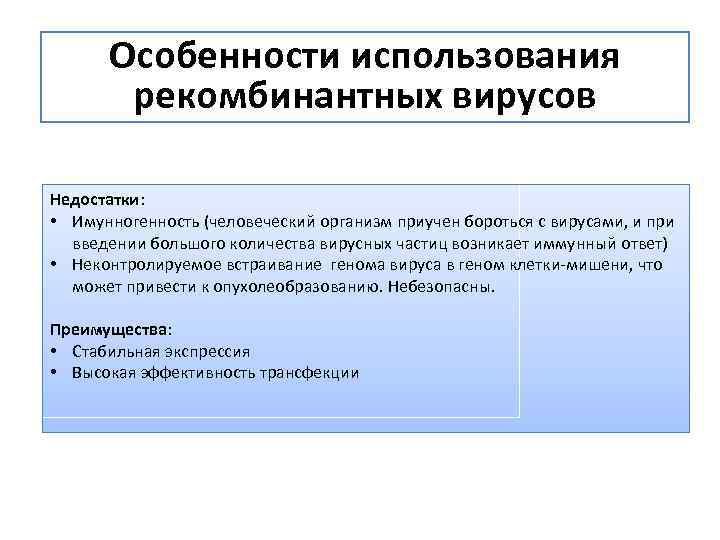 Особенности использования рекомбинантных вирусов Недостатки: • Имунногенность (человеческий организм приучен бороться с вирусами, и