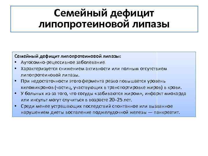 Семейный дефицит липопротеиновой липазы: • Аутосомно-рецессивное заболевание • Характеризуется снижением активности или полным отсутствием