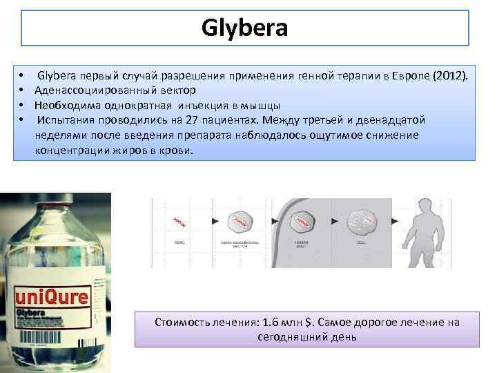 Glybera • • Glybera первый случай разрешения применения генной терапии в Европе (2012). Аденассоциированный