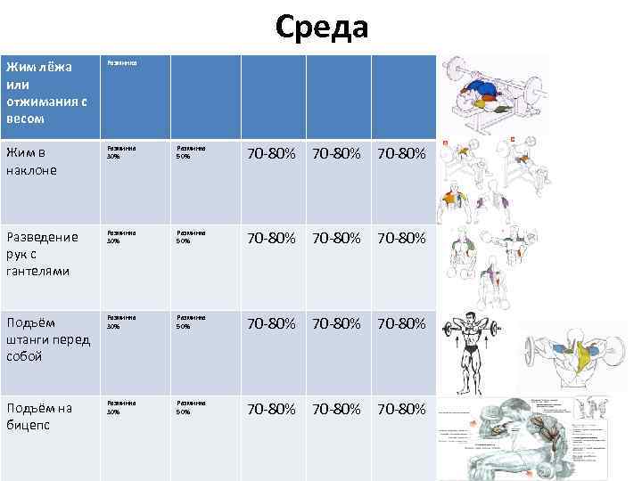 Среда Жим лёжа или отжимания с весом Разминка Жим в наклоне Разминка 30% Разминка