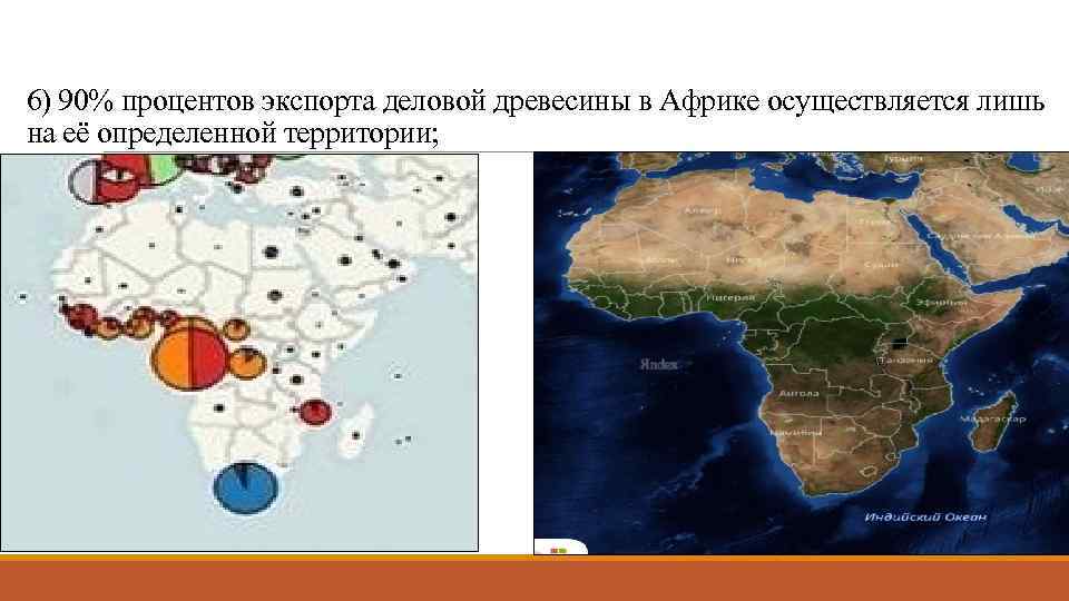 6) 90% процентов экспорта деловой древесины в Африке осуществляется лишь на её определенной территории;