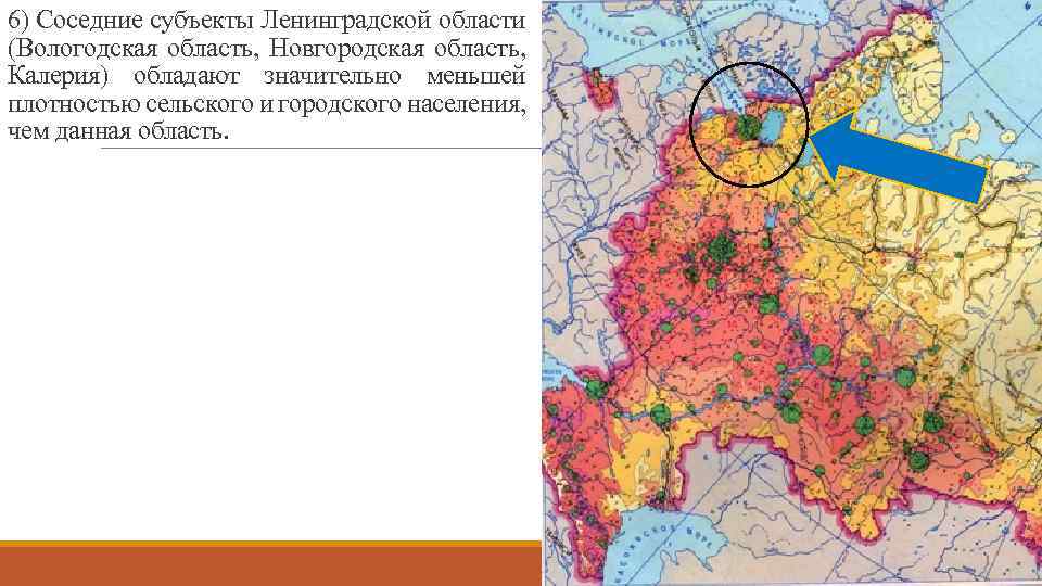 6) Соседние субъекты Ленинградской области (Вологодская область, Новгородская область, Калерия) обладают значительно меньшей плотностью