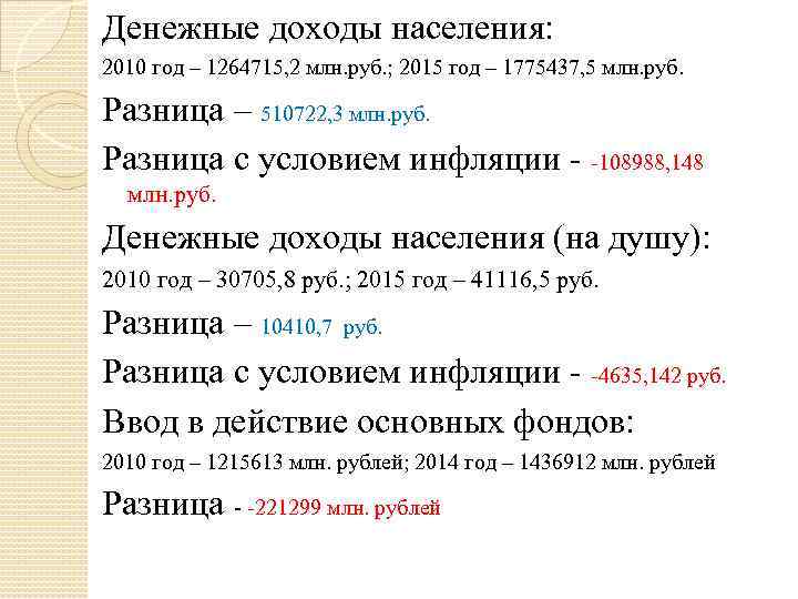 Денежные доходы населения: 2010 год – 1264715, 2 млн. руб. ; 2015 год –