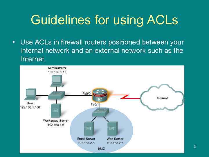 Guidelines for using ACLs • Use ACLs in firewall routers positioned between your internal