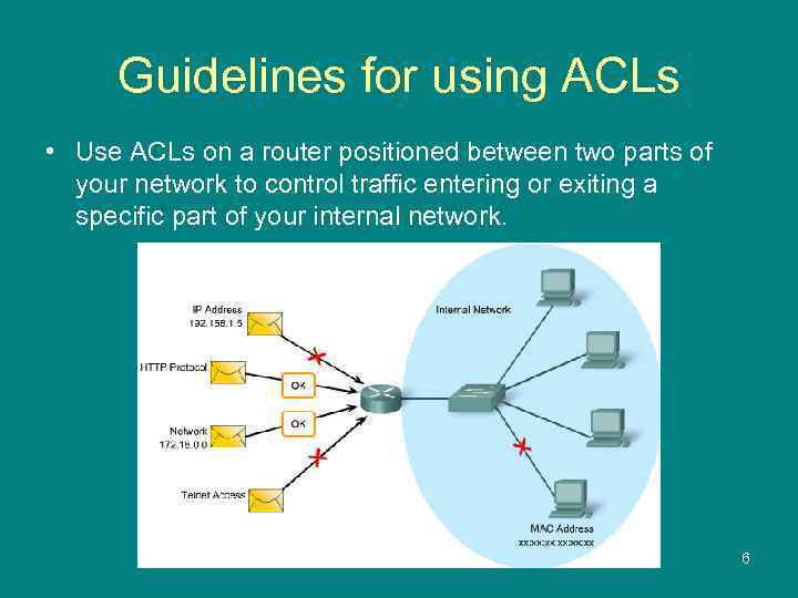 Guidelines for using ACLs • Use ACLs on a router positioned between two parts