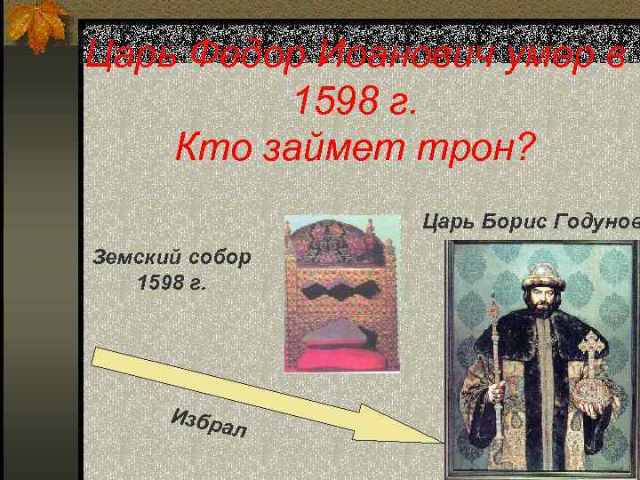Царь Федор Иоанович умер в 1598 г. Кто займет трон? Царь Борис Годунов Земский