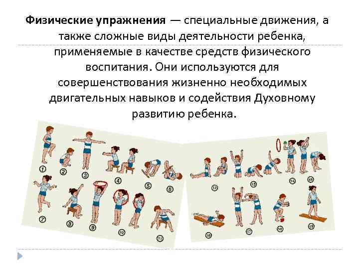 Физические упражнения — специальные движения, а также сложные виды деятельности ребенка, применяемые в качестве