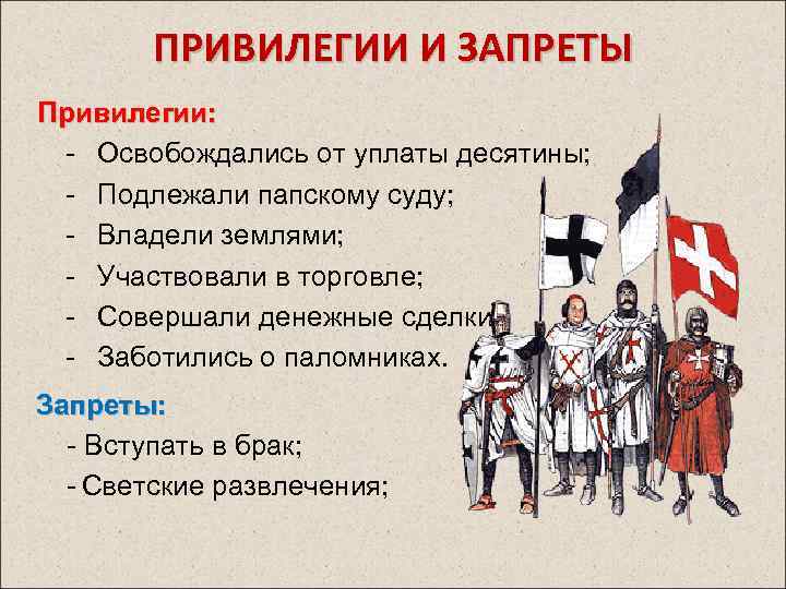 ПРИВИЛЕГИИ И ЗАПРЕТЫ Привилегии: - Освобождались от уплаты десятины; - Подлежали папскому суду; -