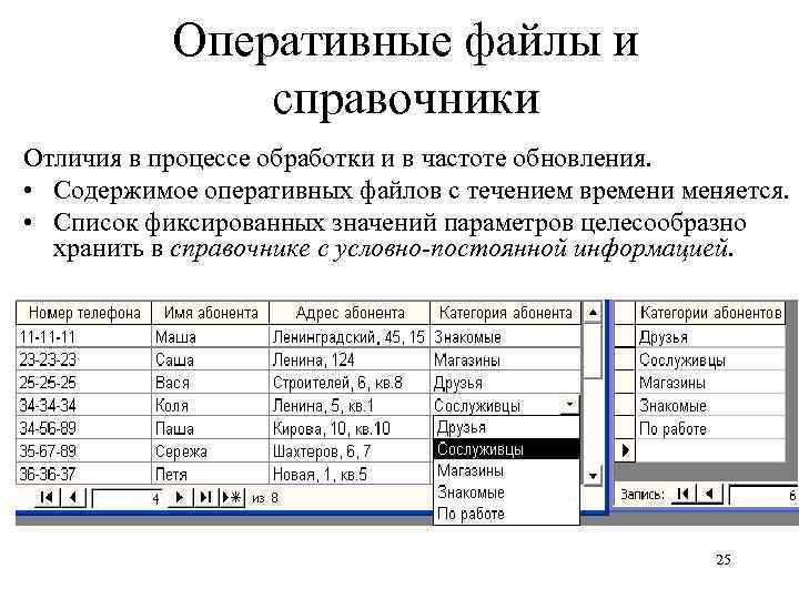 Оперативные файлы и справочники Отличия в процессе обработки и в частоте обновления. • Содержимое