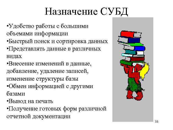 Назначение СУБД • Удобство работы с большими объемами информации • Быстрый поиск и сортировка