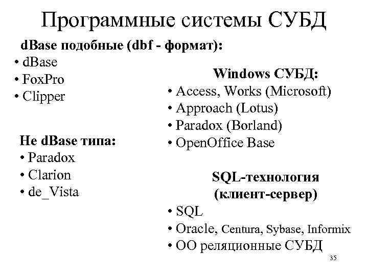 Программные системы СУБД d. Base подобные (dbf - формат): • d. Base Windows СУБД: