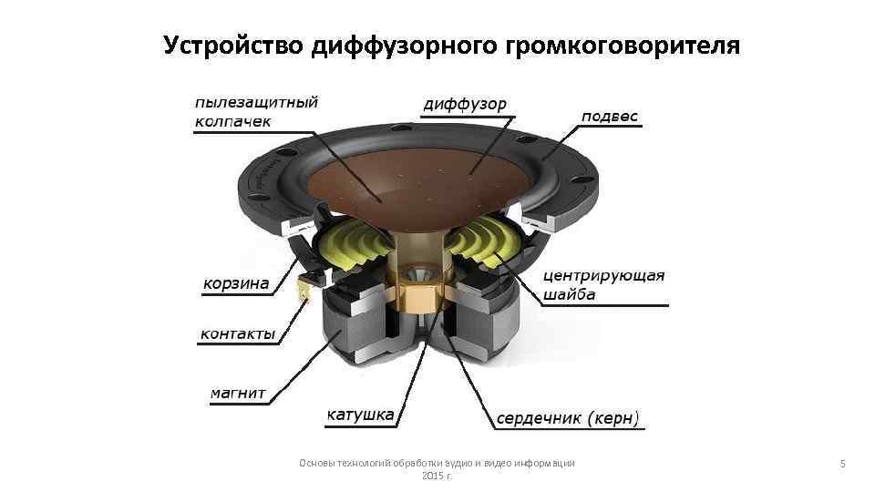 Динамик части. Схема устройства динамического громкоговорителя/динамика.. Конструкция динамика колонки. Строение динамика колонки. Строение громкоговорителя.