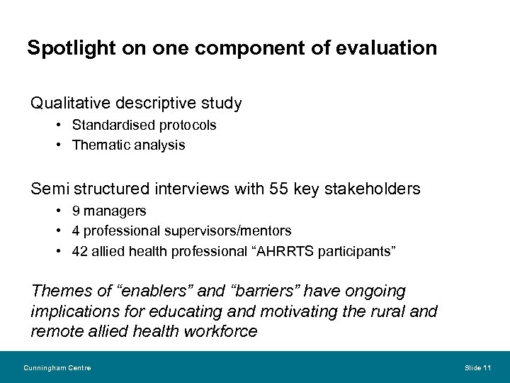 Spotlight on one component of evaluation Qualitative descriptive study • Standardised protocols • Thematic