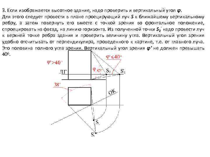 3. Если изображается высотное здание, надо проверить и вертикальный угол φ. Для этого следует