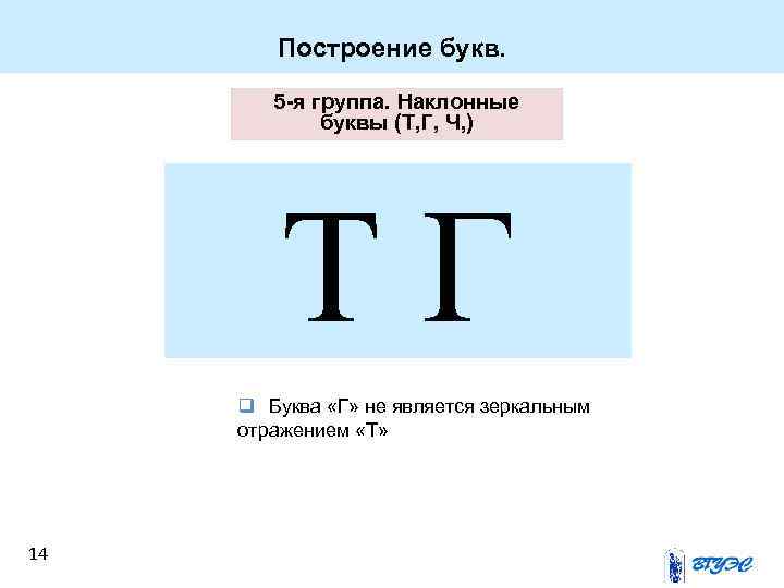 Построение букв. 5 -я группа. Наклонные буквы (Т, Г, Ч, ) ТГ q Буква