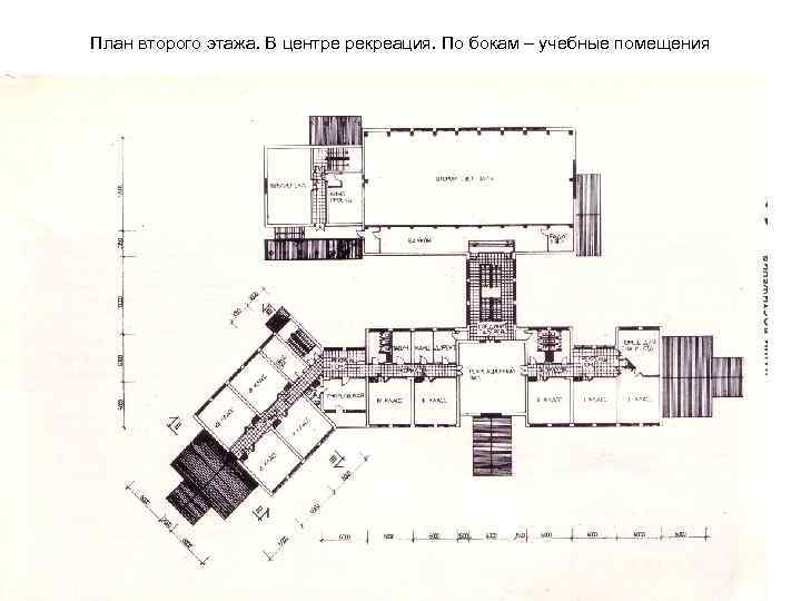 План второго этажа. В центре рекреация. По бокам – учебные помещения 