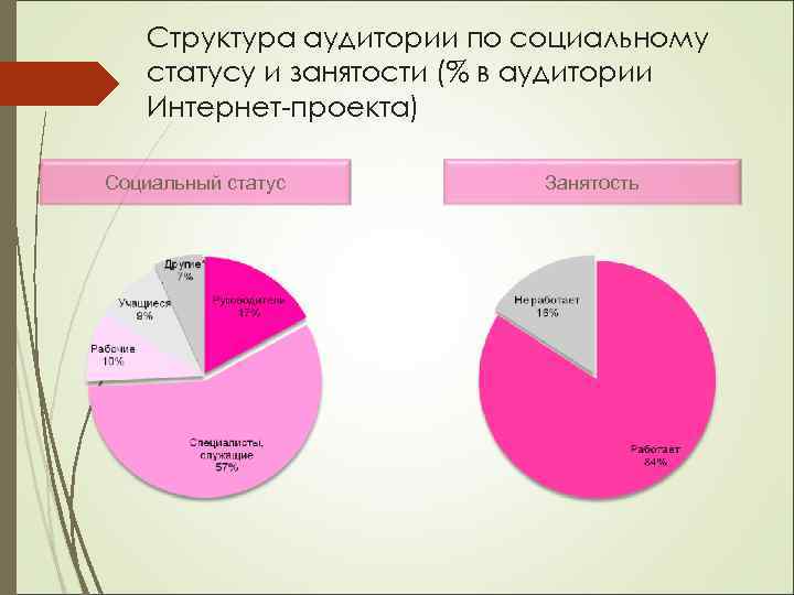 Структура аудитории по социальному статусу и занятости (% в аудитории Интернет-проекта) Социальный статус Занятость