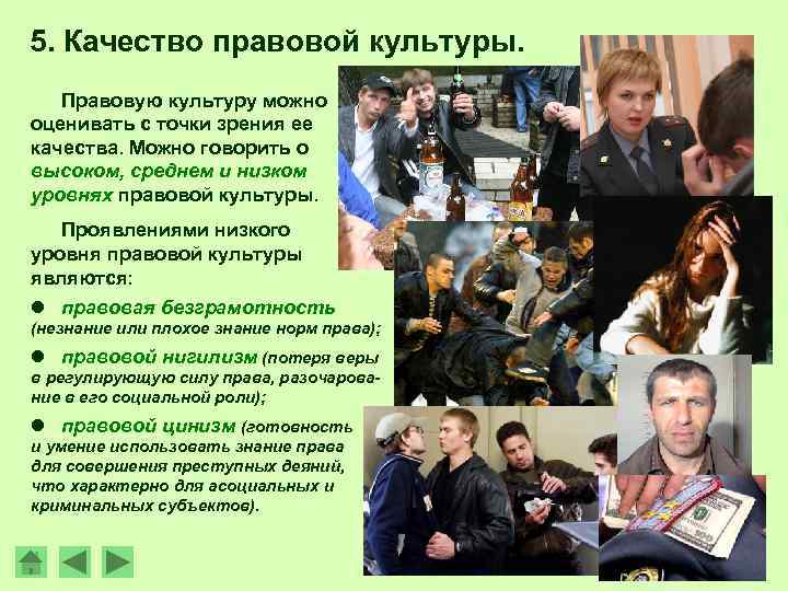 5. Качество правовой культуры. Правовую культуру можно оценивать с точки зрения ее качества. Можно