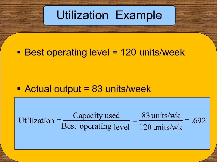 Utilization Example § Best operating level = 120 units/week § Actual output = 83