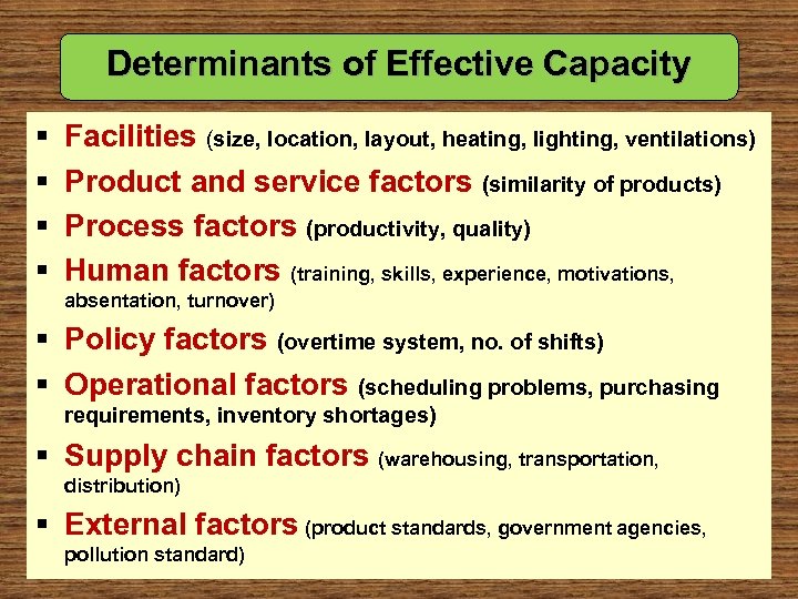 Determinants of Effective Capacity § § Facilities (size, location, layout, heating, lighting, ventilations) Product