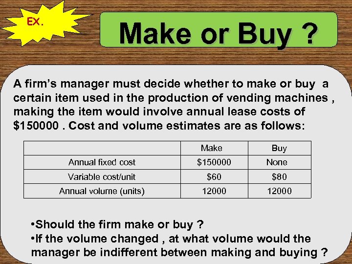 EX. Make or Buy ? A firm’s manager must decide whether to make or