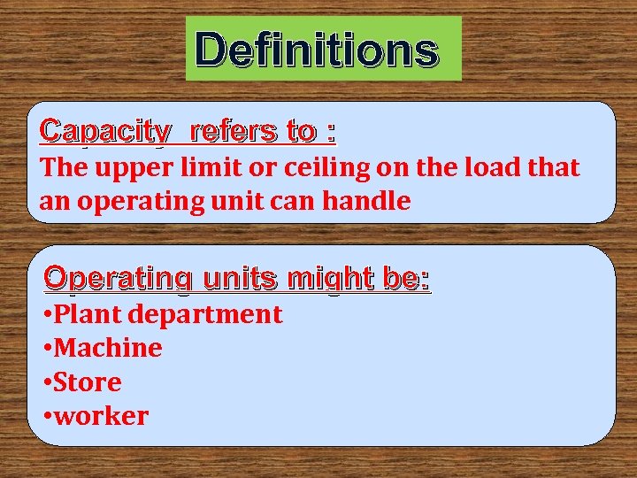Definitions Capacity refers to : The upper limit or ceiling on the load that