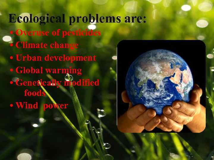 Ecological problems are: • Overuse of pesticides • Climate change • Urban development •