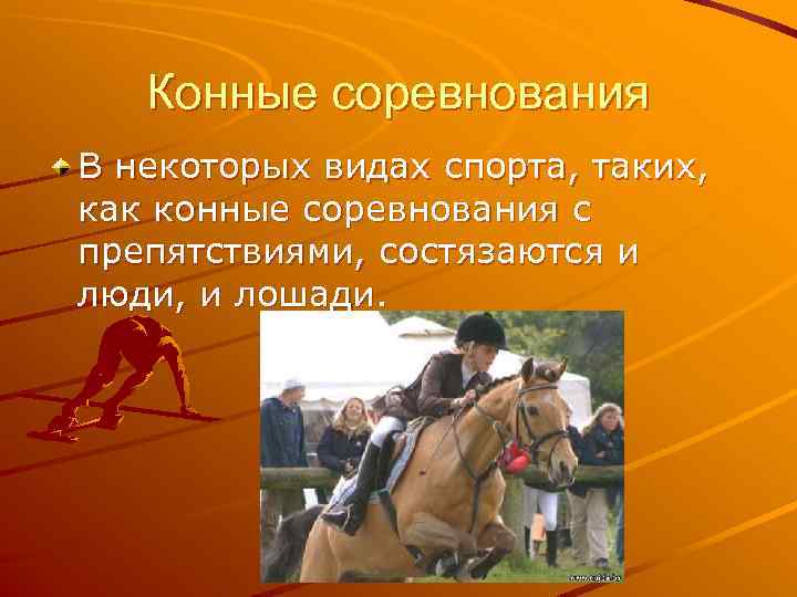 Конные соревнования В некоторых видах спорта, таких, как конные соревнования с препятствиями, состязаются и