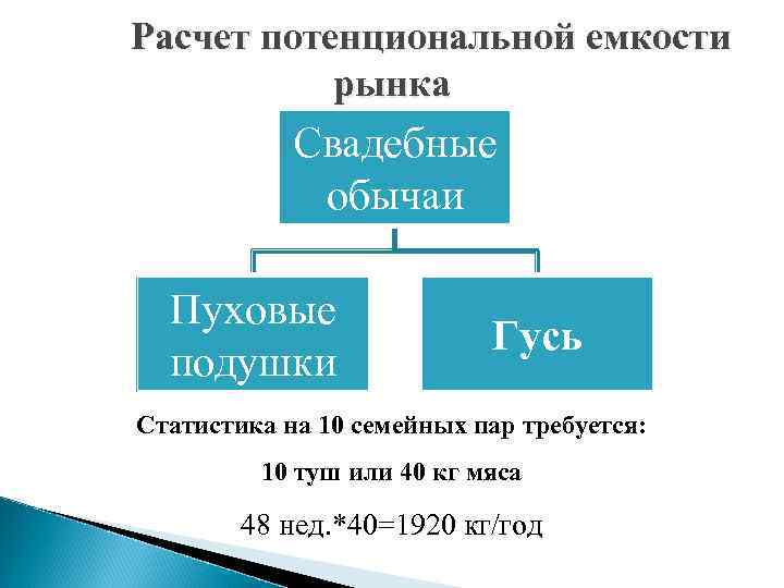 Расчет потенциональной емкости рынка Свадебные обычаи Пуховые подушки Гусь Статистика на 10 семейных пар