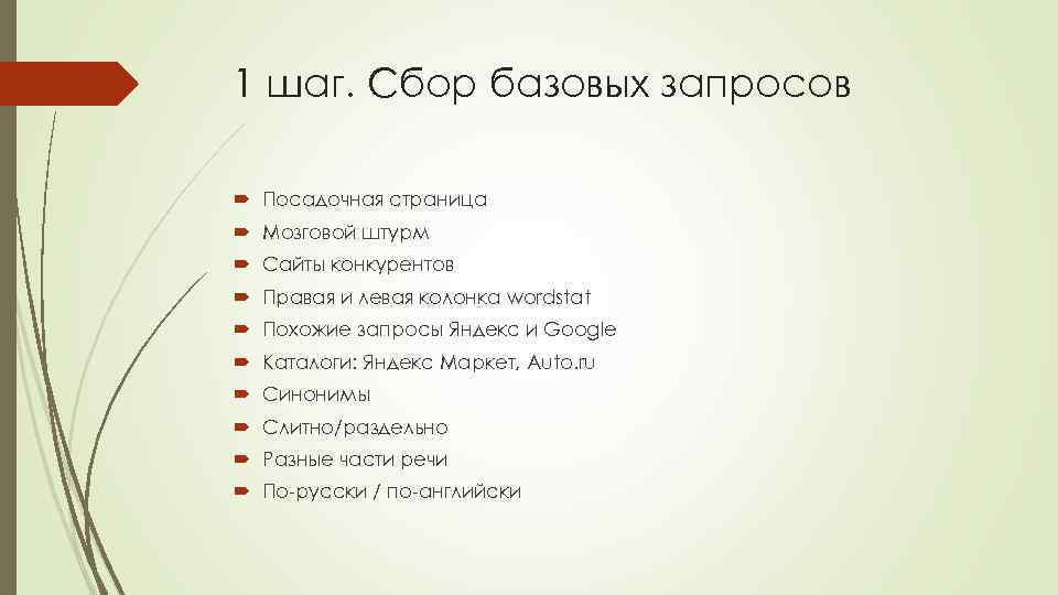1 шаг. Сбор базовых запросов Посадочная страница Мозговой штурм Сайты конкурентов Правая и левая