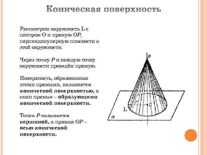 Рассмотрим окружность L с центром О и прямую ОР, перпендикулярную плоскости α этой окружности.