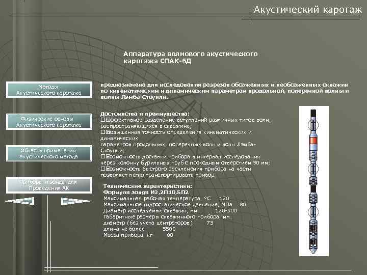 Акустический каротаж Аппаратура волнового акустического каротажа СПАК-6 Д Методы Акустического каротажа Физические основы Акустического