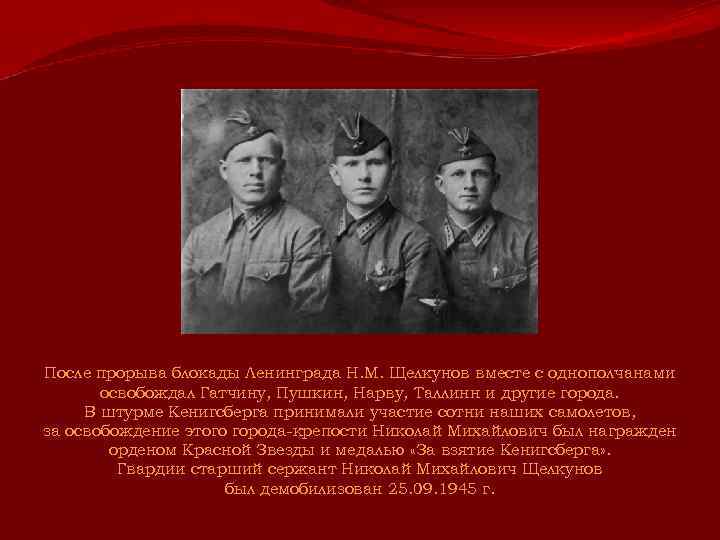 После прорыва блокады Ленинграда Н. М. Щелкунов вместе с однополчанами освобождал Гатчину, Пушкин, Нарву,