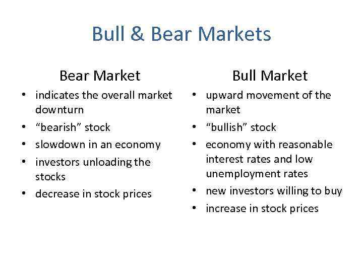 Bull & Bear Markets Bear Market Bull Market • indicates the overall market downturn