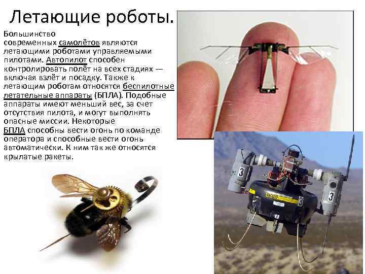 Летающие роботы. Большинство современных самолётов являются летающими роботами управляемыми пилотами. Автопилот способен контролировать полёт