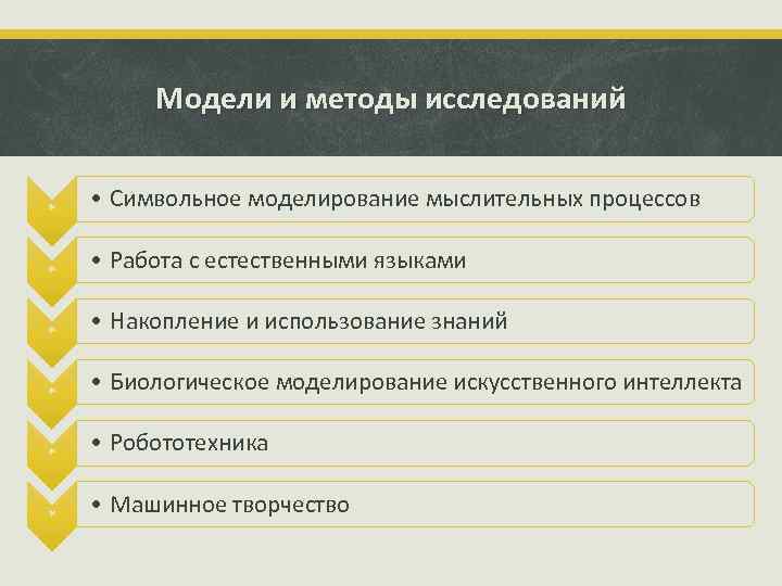 Модели и методы исследований * • Символьное моделирование мыслительных процессов * • Работа с