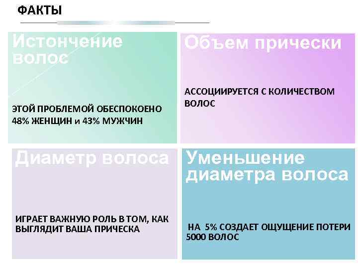 ФАКТЫ Истончение волос ЭТОЙ ПРОБЛЕМОЙ ОБЕСПОКОЕНО 48% ЖЕНЩИН и 43% МУЖЧИН Объем прически АССОЦИИРУЕТСЯ
