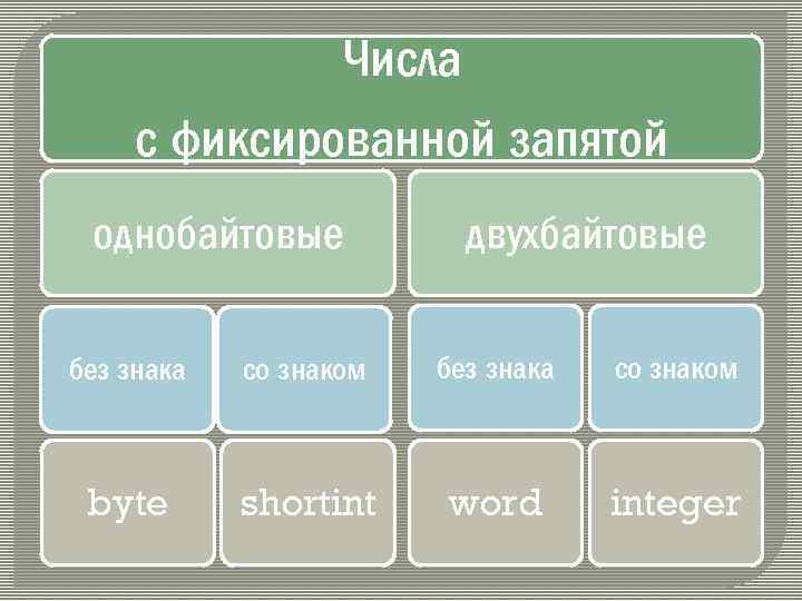 Числа с фиксированной запятой однобайтовые двухбайтовые без знака со знаком byte shortint word integer