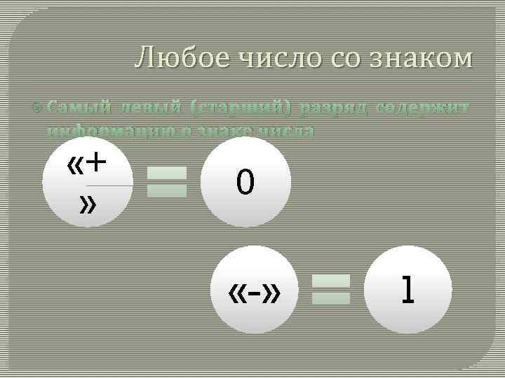 Любое число со знаком Самый левый (старший) разряд содержит информацию о знаке числа «+