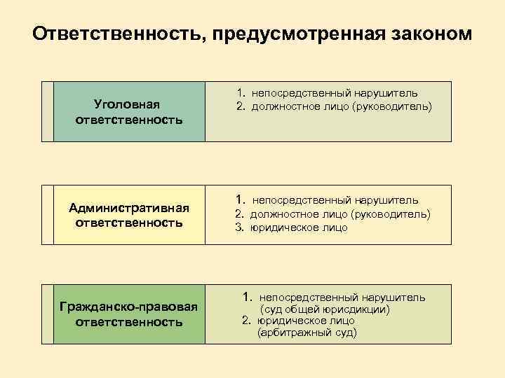 Ответственность, предусмотренная законом Уголовная ответственность Административная ответственность Гражданско-правовая ответственность 1. непосредственный нарушитель 2. должностное